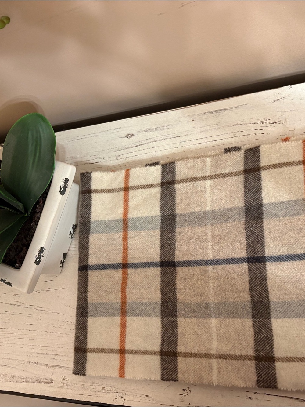 Cozy Plaid Wool and Cashmere Scarf in Cream, Brown & Blue